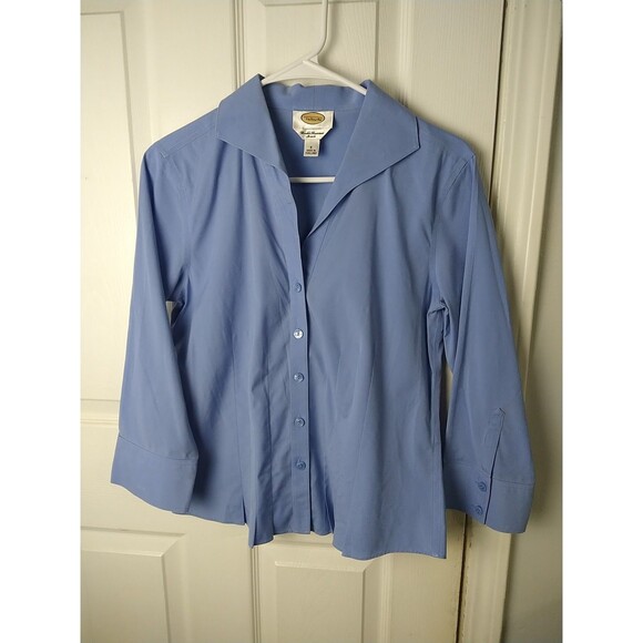 Talbots Woman 4 Blue V Neck Collared Pleated Shirt  Long Sleeve Office Casual - Picture 1 of 8